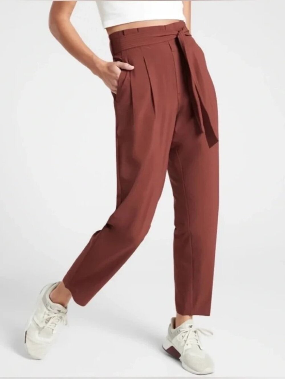 Athleta Skyline Pant II Womens Paperbag Waist Tie Brown Terra Cotta Pockets 8